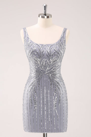 Vestido de fiesta corto ajustado con escote cuadrado y lentejuelas brillantes de color gris